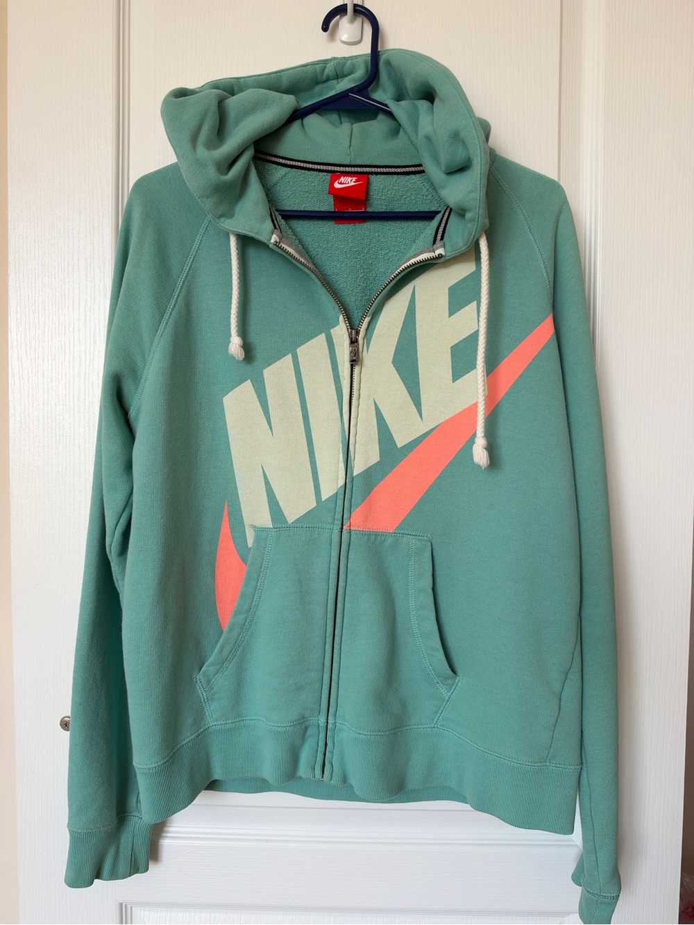 Nike Women's Mint Green Full-Zip Hoodie with Coral Swoosh